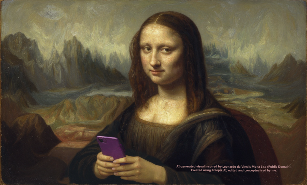 Mona Lisa is using a phone. It can show that online presence matters.